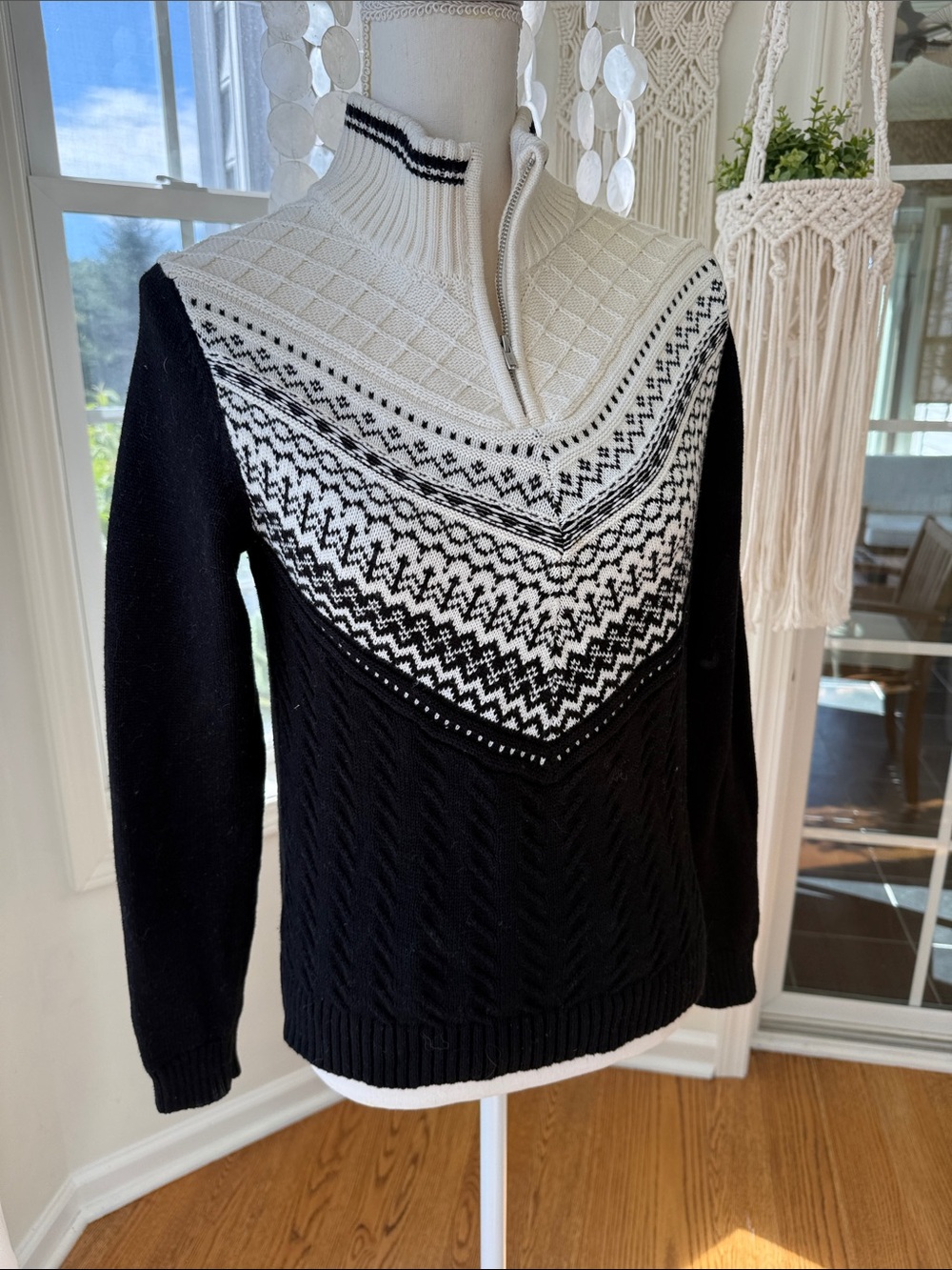 Cotton Ski Black & White Zip-Neck Fair Isle Sweater